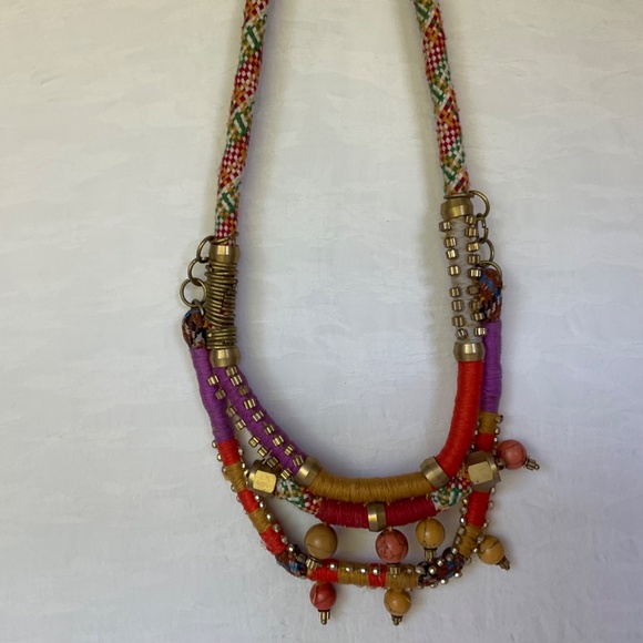 Anthropologie Multi Strand Thread & Bead Statement Necklace Brass Tone A… - Picture 3 of 9